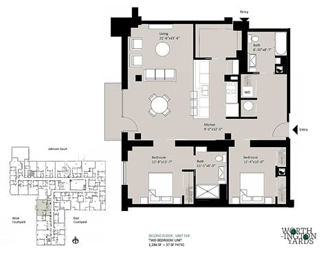 Floor plan for 2 beds, 2 baths, 1327 sqft
